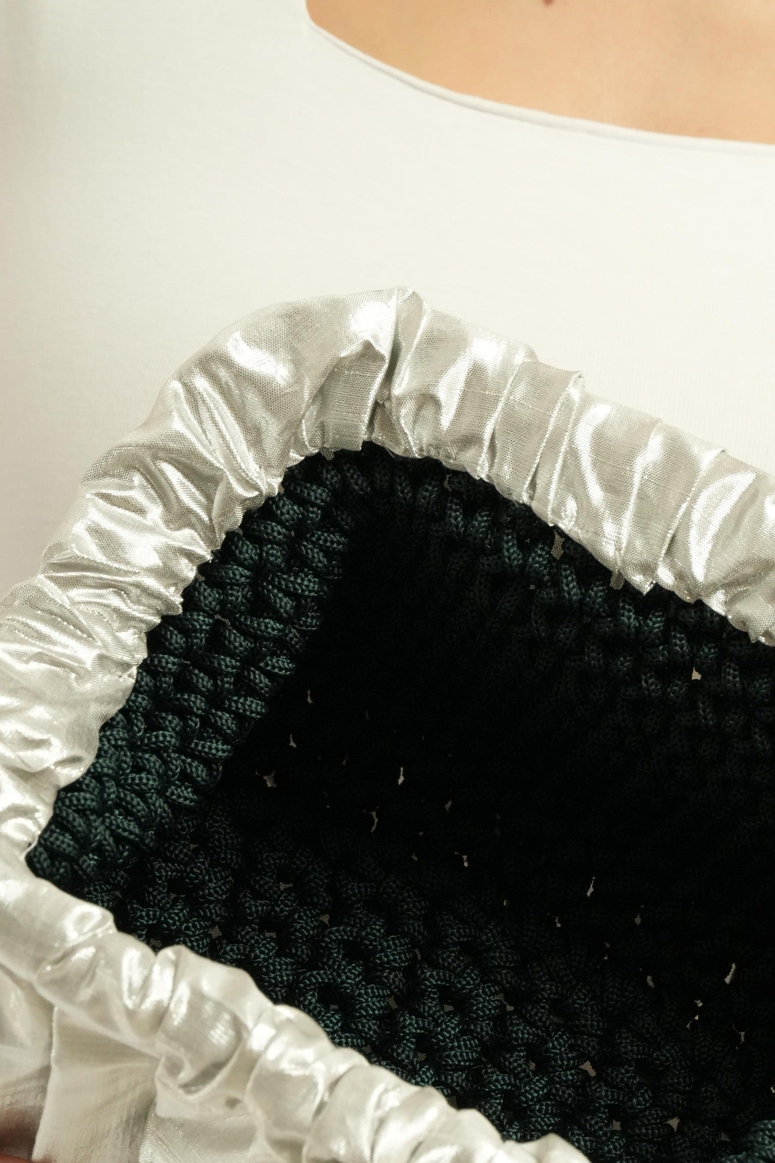 Silver Shantung Clutch with Black Crochet Lining