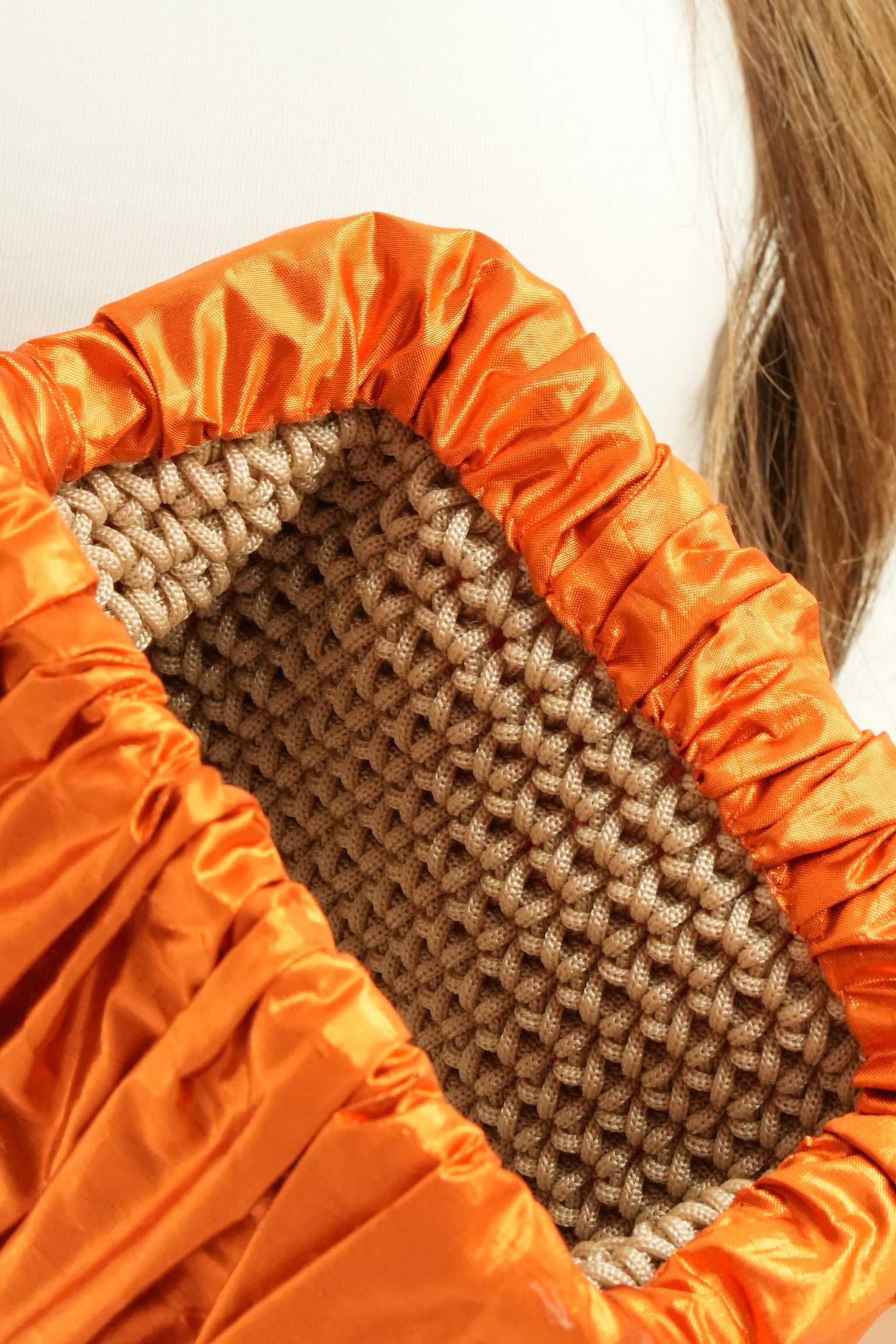 Orange Shantung Clutch with Beige Crochet Lining